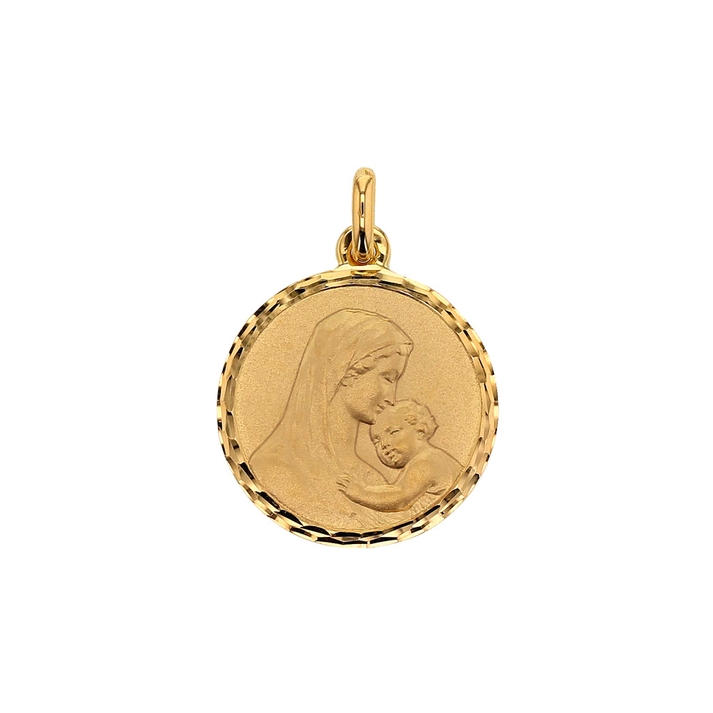 Médaille ronde Or 375/1000 avec bordure diamantée - Vierge et l'enfant