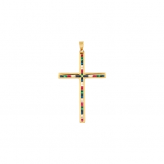 Pendentif grande croix ornée d'oxydes de couleur, Or 375/1000