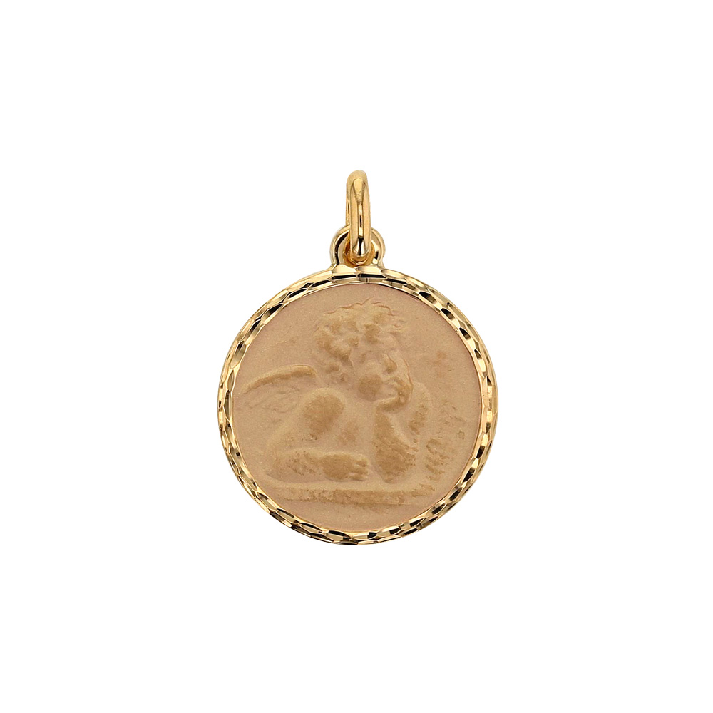 Médaille ronde en or 375/1000 avec bordure diamantée - Ange Raphaël