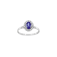 Bague solitaire Tanzanite taille ovale 6x4mm, entourage 17 diamants 0,12ct, Or blanc 750/1000
