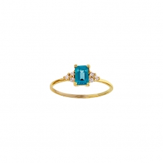 Solitaire Topaze London Blue taille rectangle 6 x 4mm, 6 diamants 0,09ct GVS Or 750/1000