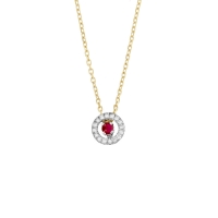 Collier Rubis taille ronde 2,5mm, entourage 16 diamants HSI 0,10ct, Or bicolore 750/1000