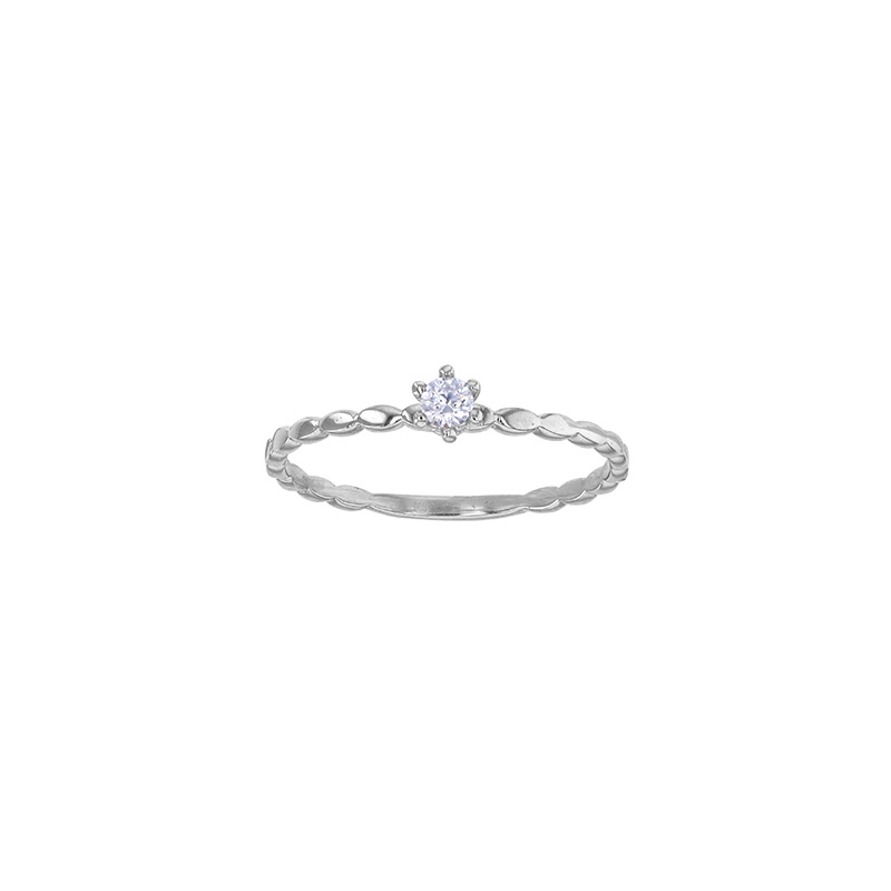 Bague solitaire diamant 0,10ct GVS serti 6 griffes, monture perlée oblongue Or blanc 750/1000