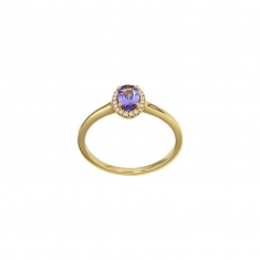 Bague solitaire Tanzanite taille ovale 6x4mm, entourage 20 diamants 0,08ct HSI, Or 750/1000