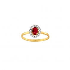 Bague solitaire Rubis taille ovale 6x4mm, entourage 17 diamants HSI 0,12ct, Or bicolore 750/1000
