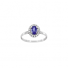 Bague solitaire Tanzanite taille ovale 6x4mm, entourage 17 diamants 0,12ct, Or blanc 750/1000
