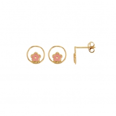 Boucles d'oreilles puces cercle avec une fleur, émail rose Or 750/1000