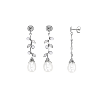 Boucles d'oreilles de mariée Or blanc 750/1000 perles de culture d'eau douce et feuilles empierrées