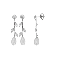 Boucles d'oreilles de mariée perle de culture d'eau douce et feuilles en oxydes, Or blanc 750/1000