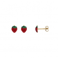 Boucles d'oreilles puces fraises, émail rouge et vert Or 750/1000