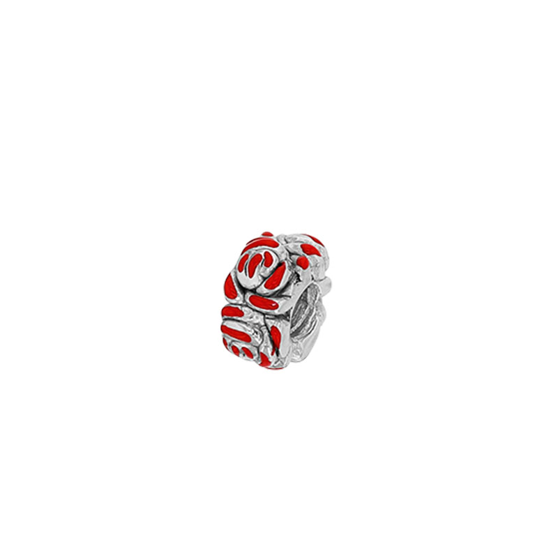 Perle fleurs en argent 925/1000 rhodié et émail rouge
