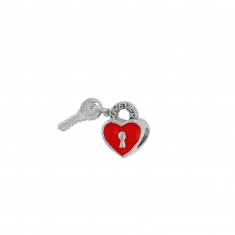 Perle coeur forme cadenas émaillé rouge avec clé en argent 925/1000 rhodié