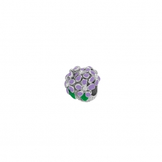 Perle fleurs violettes en émail vert et argent 925/1000 rhodié