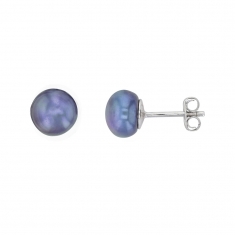 Boucles d'oreilles puces en Argent 925/1000 rhodié avec perle d'eau douce bleue