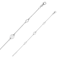 Bracelet perle d'eau douce blanche de culture, maille boules argent 925/1000 rhodié