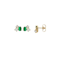 Boucles d'oreilles perle de Majorque blanche, oxyde et cristal vert émeraude, laiton doré