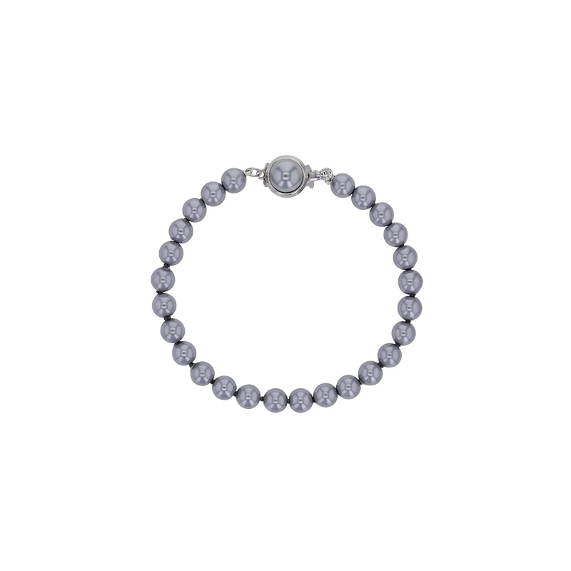 Bracelet avec fermoir rond en laiton rhodié et perles de Majorque grises 6 mm