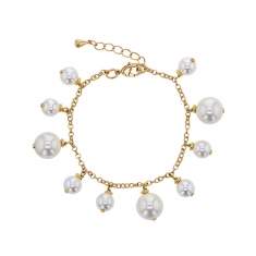 Bracelet perles de Majorque rondes blanches 8-12mm, chaîne laiton doré