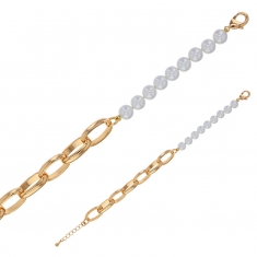 Bracelet perles de Majorques blanches, grande maille ovale allongée laiton doré
