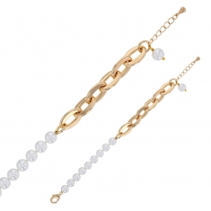 Bracelet perles de Majorques blanches, grande maille ovale plate laiton doré