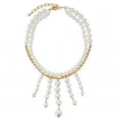 Collier 2 rangs perles de Majorque rondes, 1 baroque, chaîne et fermoir laiton doré
