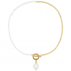 Collier perles de Majorque rondes, maille forçat et fermoir cercle/barre laiton doré, perle baroque