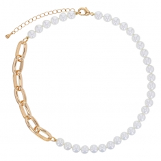 Collier perles de Majorques blanches, grande maille ovale allongée laiton doré