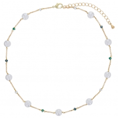 Collier perles de Majorque blanches, cristal bleu clair, chaîne laiton doré