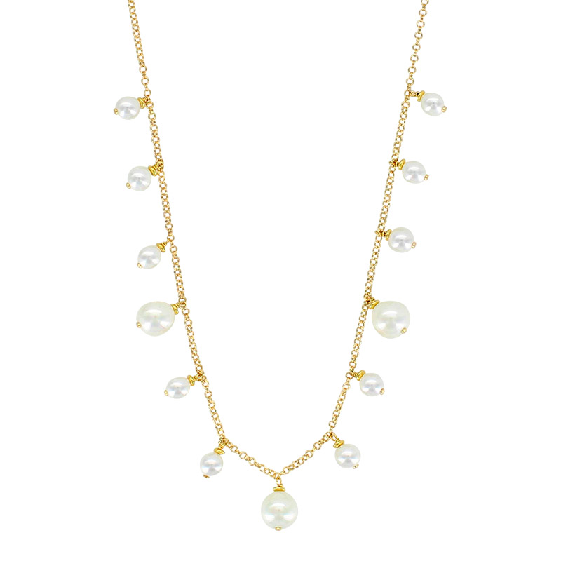 Collier perles de Majorque rondes blanches 8-12mm, chaîne laiton doré