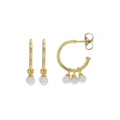 Demi-créoles ornées de 3 perles de Majorques pendantes, laiton doré