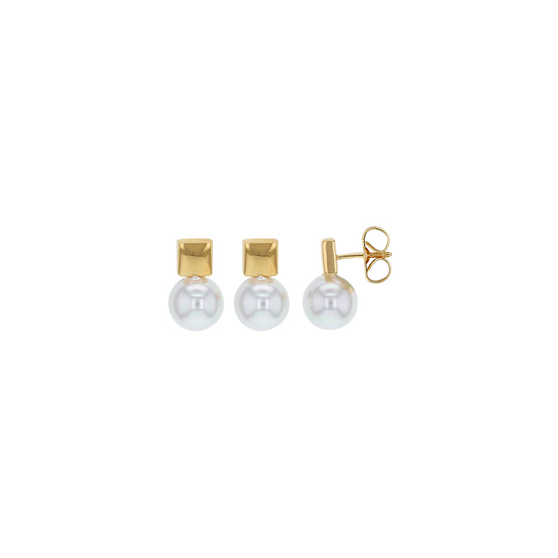 Boucles d'oreilles carré laiton doré orné d'une perle de Majorque blanche 8mm