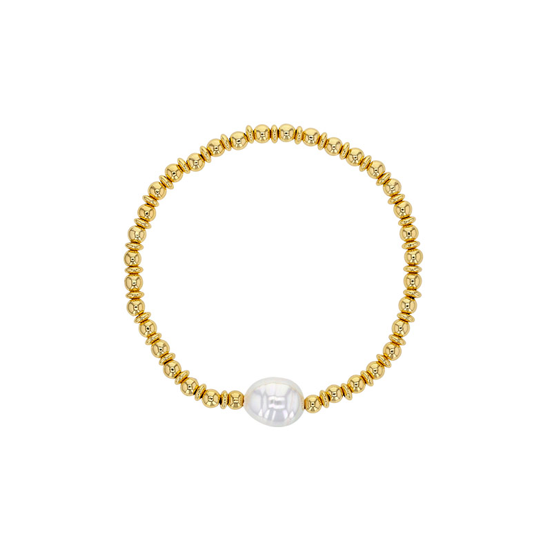 Bracelet élastique perles laiton doré et perle de Majorque baroque blanche