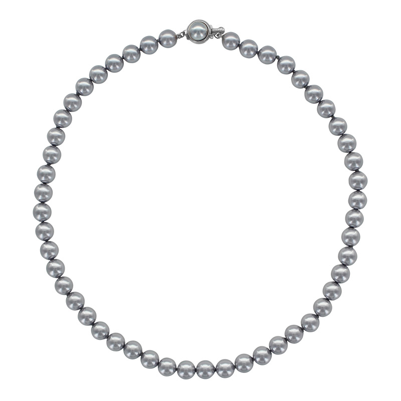 Collier Perles de Majorque grises diamètre 8 mm avec fermoir rond en laiton rhodié