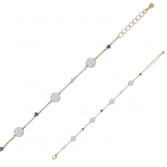 Bracelet perles de Majorque blanches, cristaux bleu clair, laiton doré