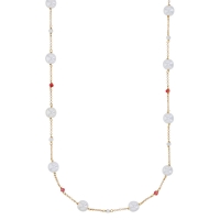 Sautoir perles de Majorque blanches, cristaux bleu clair, chaîne laiton doré