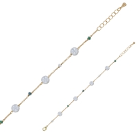 Bracelet perles de Majorque blanches, cristaux bleu clair, laiton doré