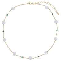 Collier perles de Majorque blanches, cristal bleu clair, chaîne laiton doré