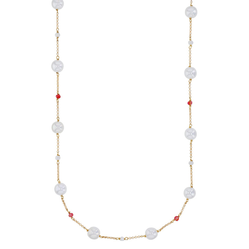 Sautoir perles de Majorque blanches, cristaux bleu clair, chaîne laiton doré