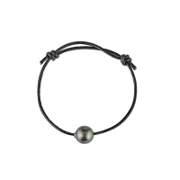 Bracelet perle de Tahiti cerclée de culture, cordon cuir réglable noir