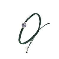 Bracelet perle de Tahiti de culture cerclée baroque, cordon réglable coton tressé vert