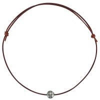 Collier perle de Tahiti cerclée de culture, cordon cuir réglable marron