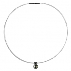 Collier perle de Tahiti ronde de culture, câble acier blanc avec fermoir baïonnette