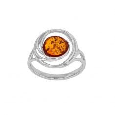 Bague forme cercle ajouré, pierre d'ambre cognac en argent 925/1000 rhodié