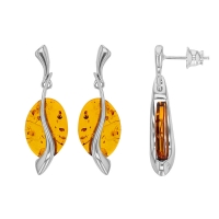 Boucles d'oreilles entrelacées d'ambre plate cognac, argent 925/1000