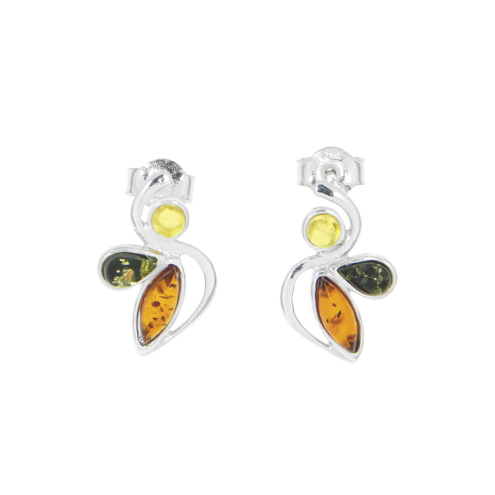 Boucles d'oreilles forme de feuillage en ambre tricolore Argent 925/1000 rhodié