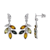 Boucles d'oreilles forme feuillage ambre et argent 925/1000 rhodié