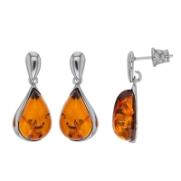 Boucles d'oreilles forme ovale pierres d'ambres cognac, argent 925/1000 rhodié