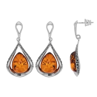 Boucles d'oreilles ovales en ambre cognac, ajourées avec motif antique, argent 925/1000 vieilli