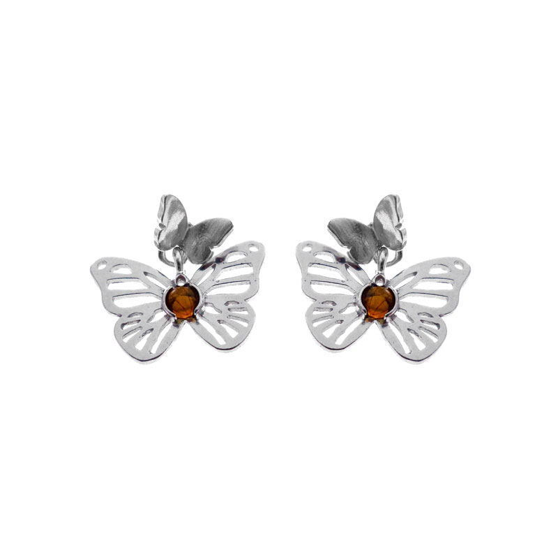 Boucles d'oreilles papillons en Argent 925/1000 rhodié et rond en ambre