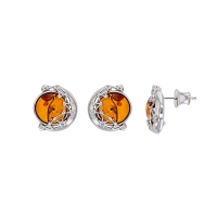 Boucles d'oreilles puces lune en argent 925/1000 rhodié et boule en ambre cognac
